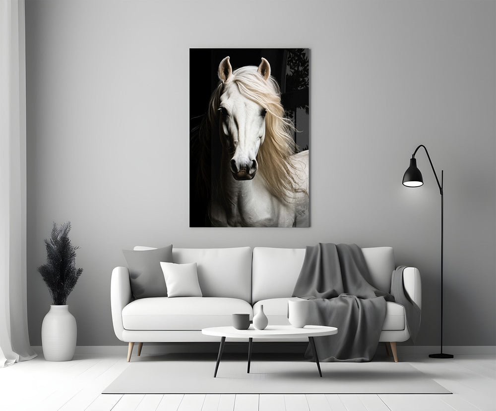 white horse portrait on black panel bringing character to a minimalist living room wall