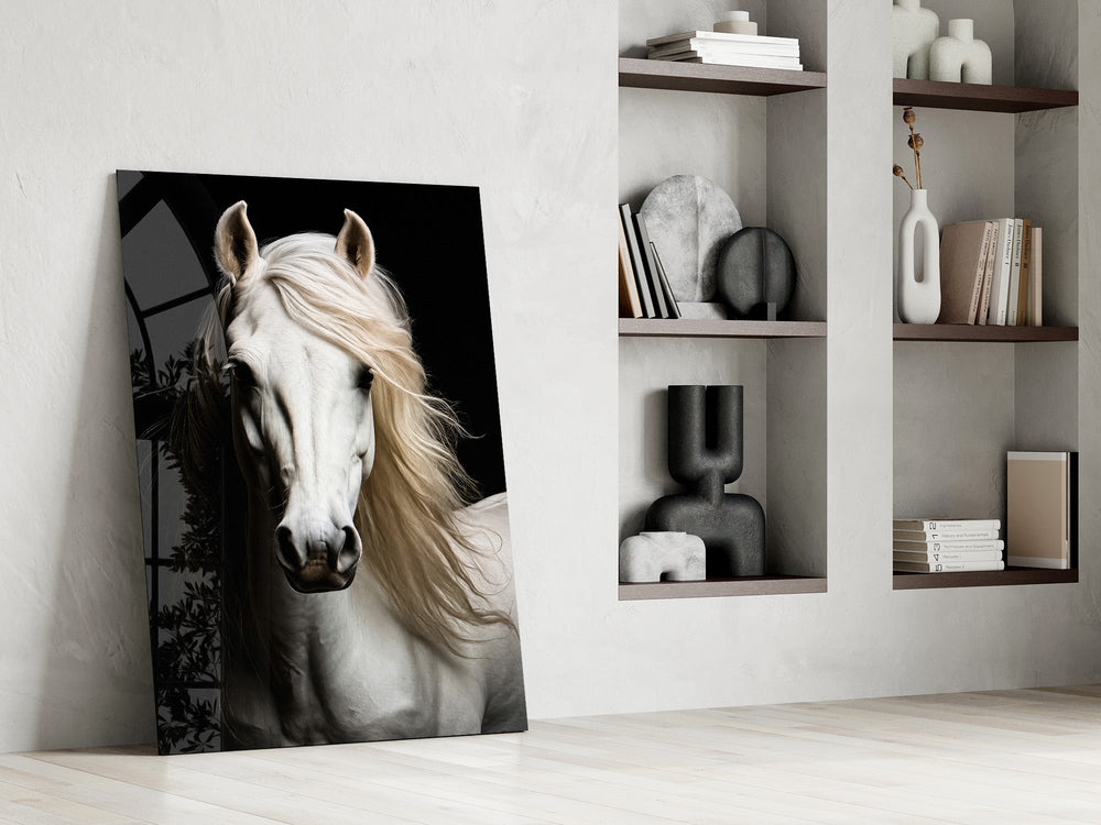 white horse portrait on black panel resting in a shelving niche in a modern interior