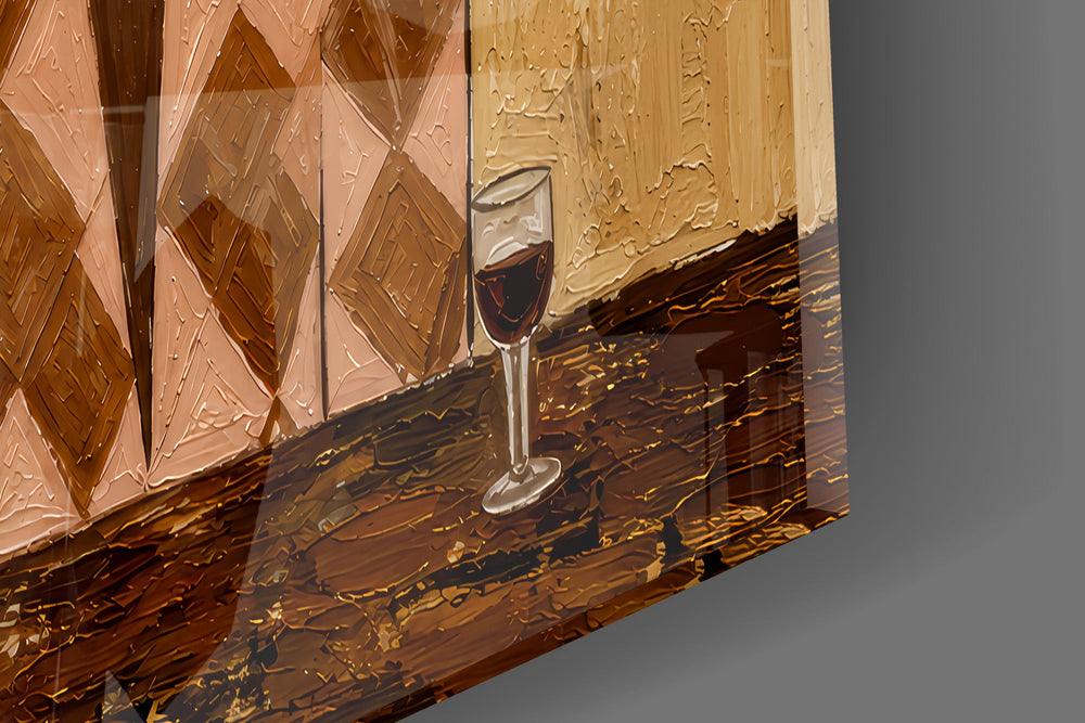 Close-up detail of the thickly painted cow-print brims and the small wine glasses on the bar on the glass surface