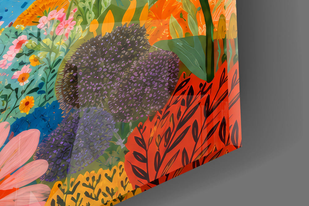 Close-up detail of the dotted candy-colored peaks and the dense foreground blossoms on the glass surface