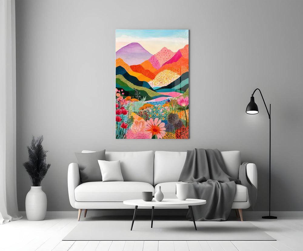 colorful layered mountains above a flower valley panel bringing character to a minimalist living room wall