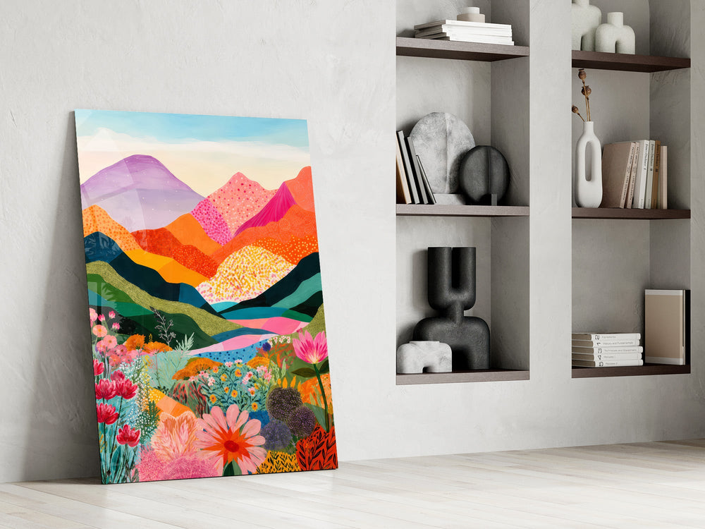 colorful layered mountains above a flower valley panel resting in a shelving niche in a modern interior
