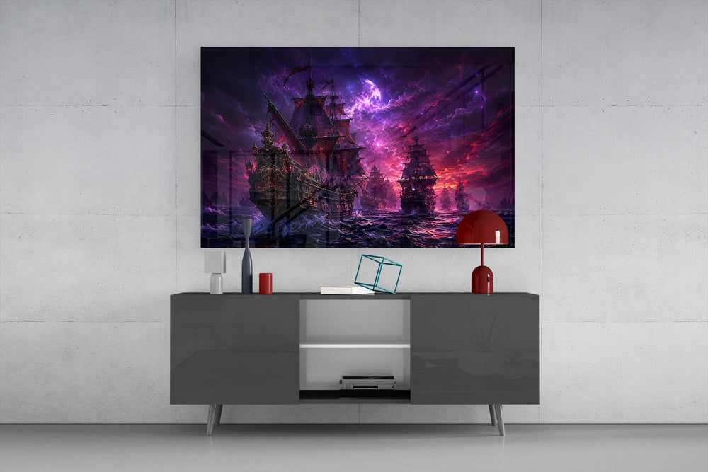 pirate galleon fleet under a purple sky glass wall art styled in an atmospheric room setting