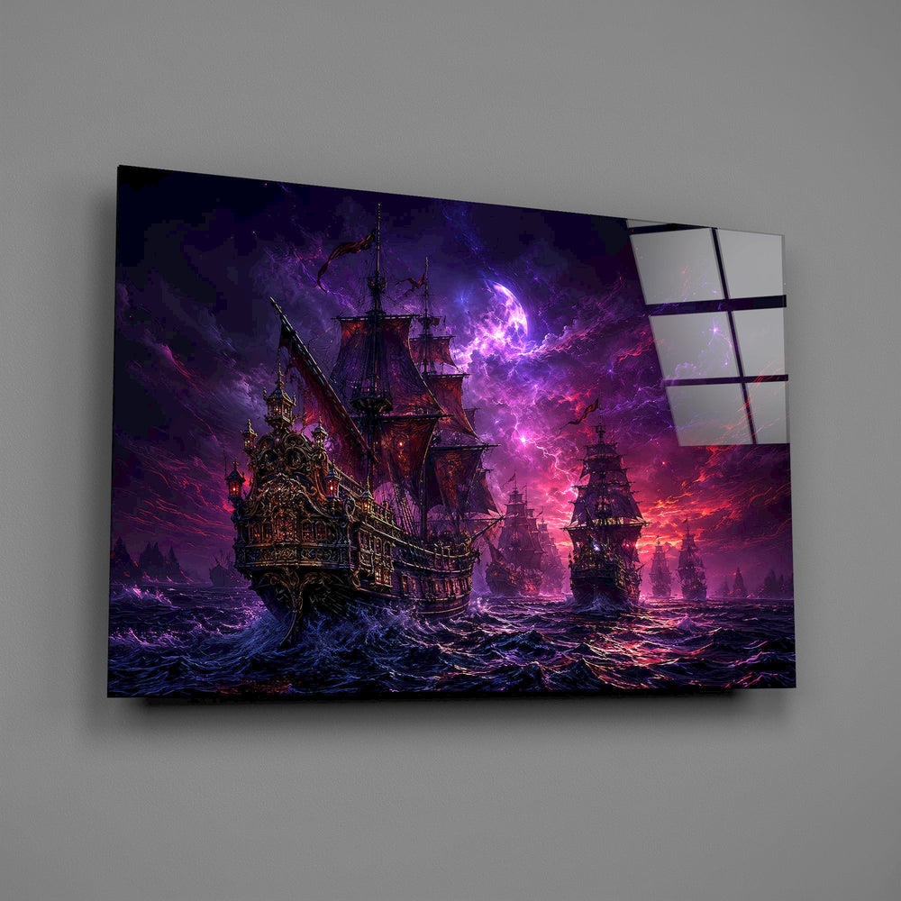 pirate galleon fleet under a purple sky glass wall art angled to show the polished tempered glass panel