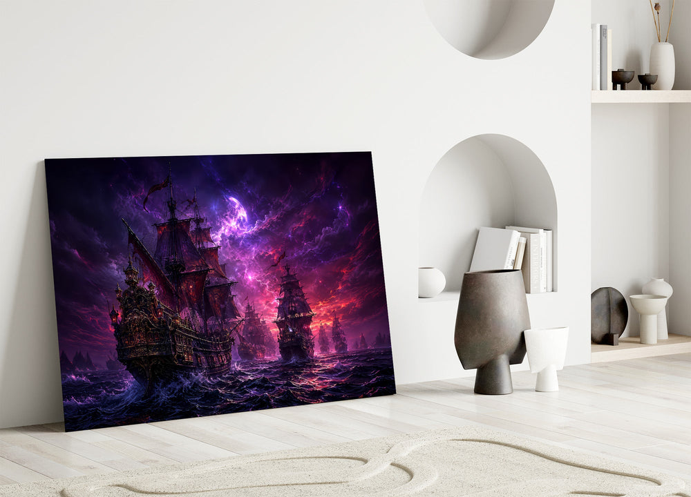 pirate galleon fleet under a purple sky panel bringing character to a minimalist living room wall
