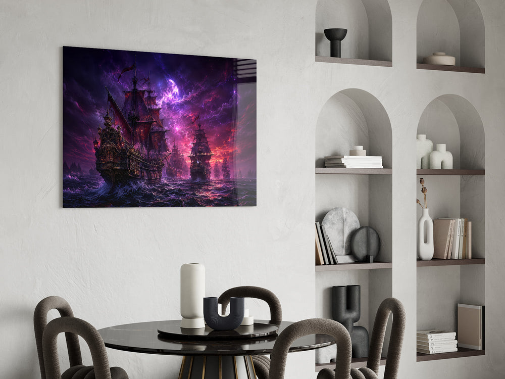 pirate galleon fleet under a purple sky glass wall art leaning beside a dark leather sofa