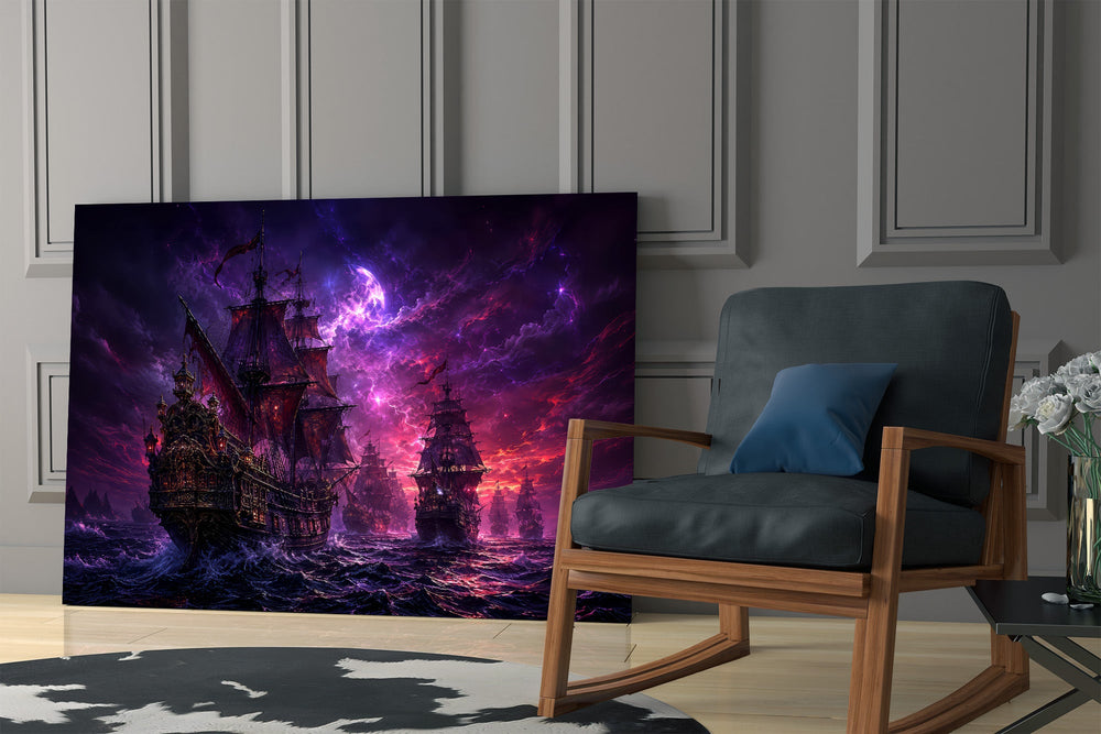 pirate galleon fleet under a purple sky panel resting in a shelving niche in a modern interior