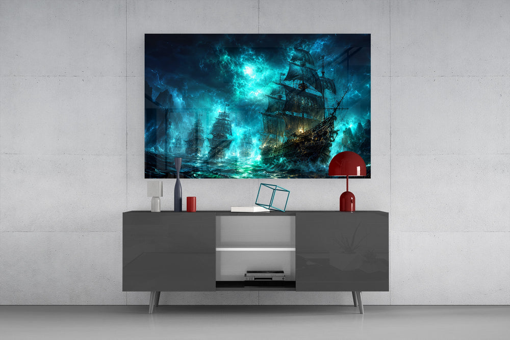 pirate ships in a glowing teal storm glass wall art styled in an atmospheric room setting