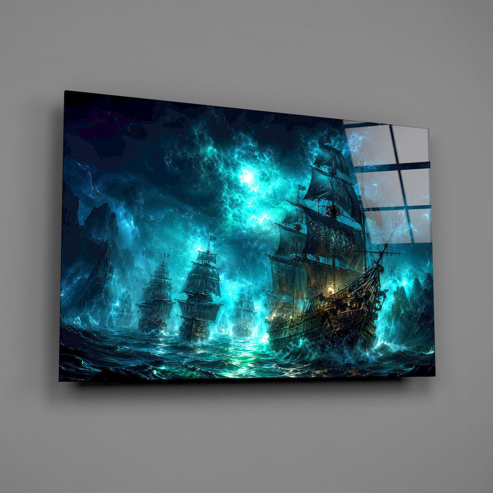 pirate ships in a glowing teal storm glass wall art angled to show the polished tempered glass panel