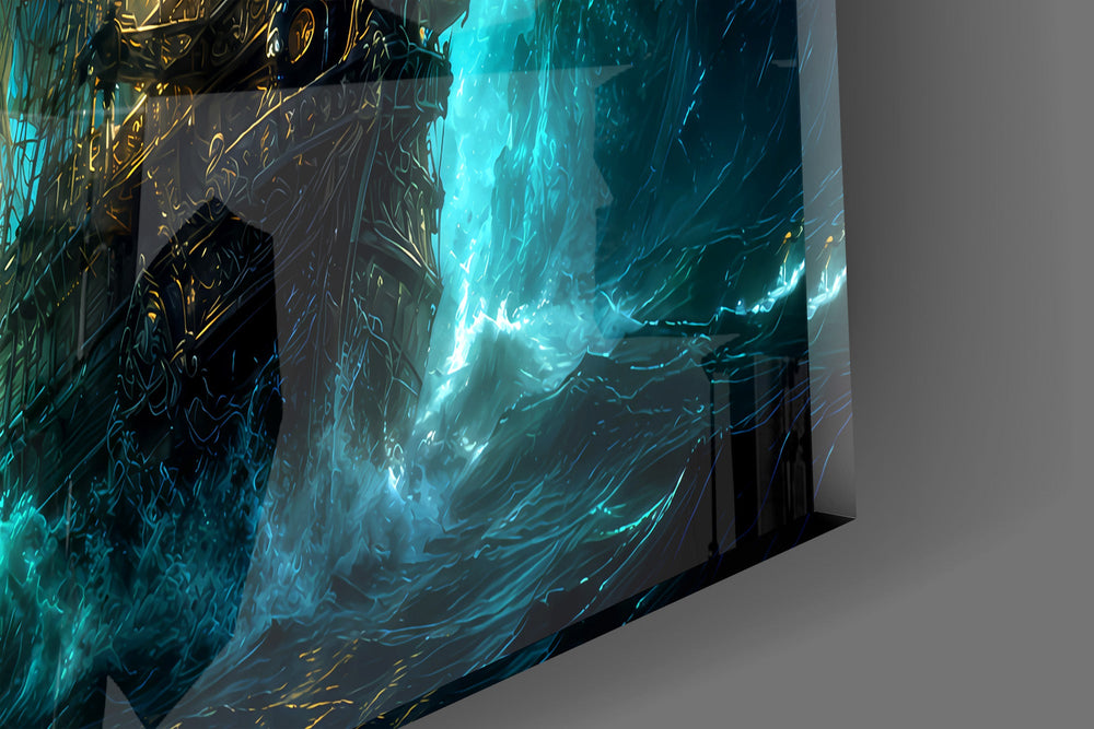 Close-up detail of the lantern-lit galleon hull and the electric turquoise mist on the glass surface