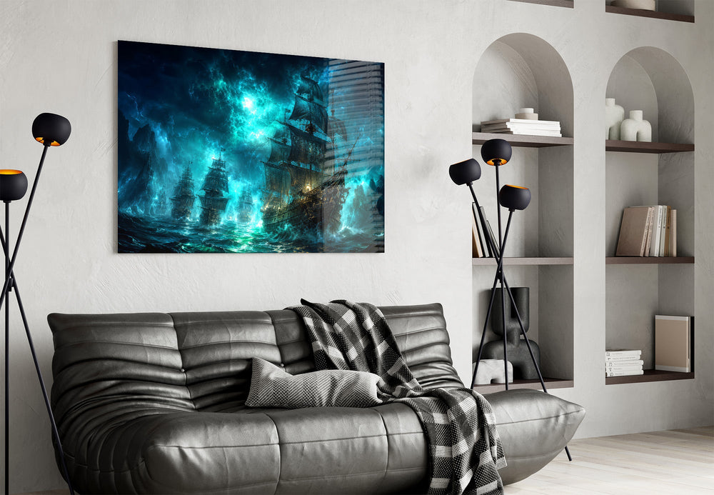 pirate ships in a glowing teal storm glass wall art styled above an armchair in a reading corner