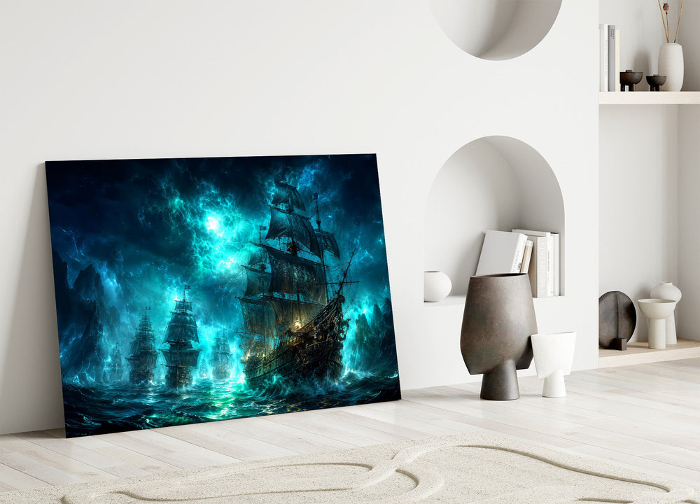 pirate ships in a glowing teal storm panel bringing character to a minimalist living room wall