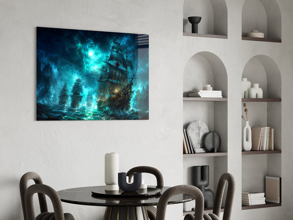 pirate ships in a glowing teal storm glass wall art leaning beside a dark leather sofa