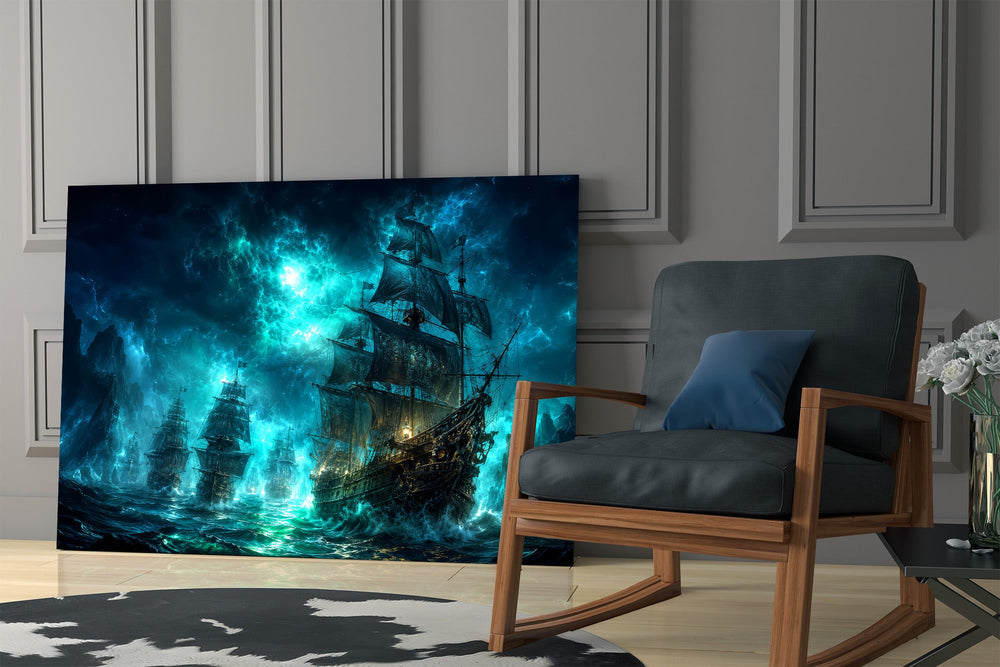 pirate ships in a glowing teal storm panel resting in a shelving niche in a modern interior