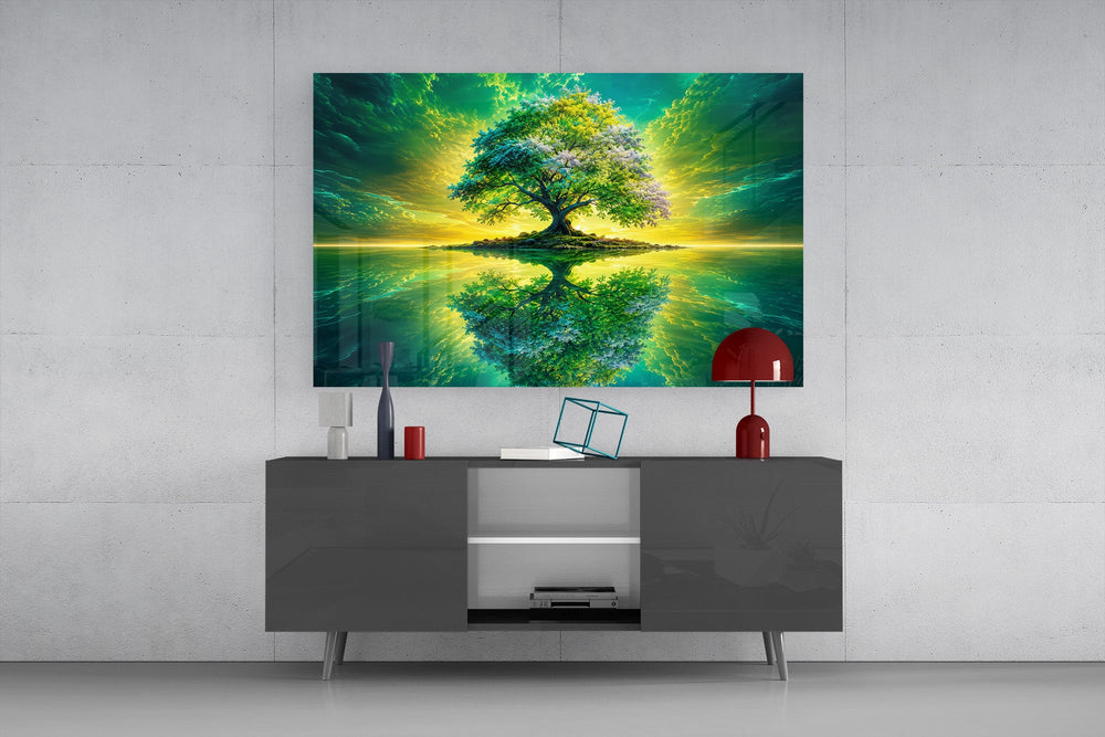 emerald tree of life on a mirror lake glass wall art styled in an atmospheric room setting