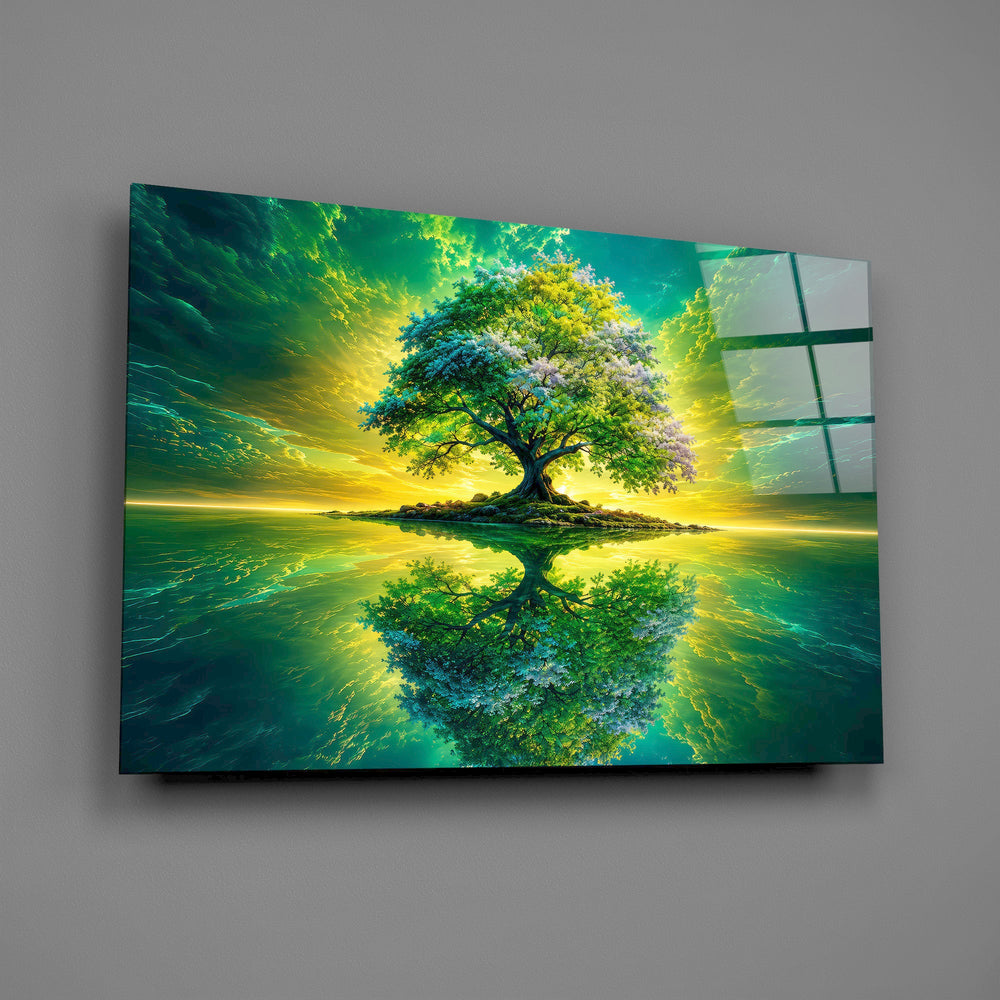 emerald tree of life on a mirror lake glass wall art angled to show the polished tempered glass panel