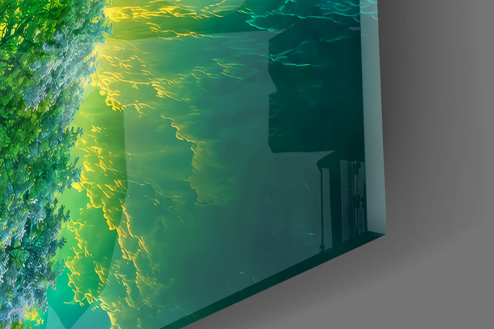 Close-up detail of the luminous green canopy and its inverted reflection on still water on the glass surface