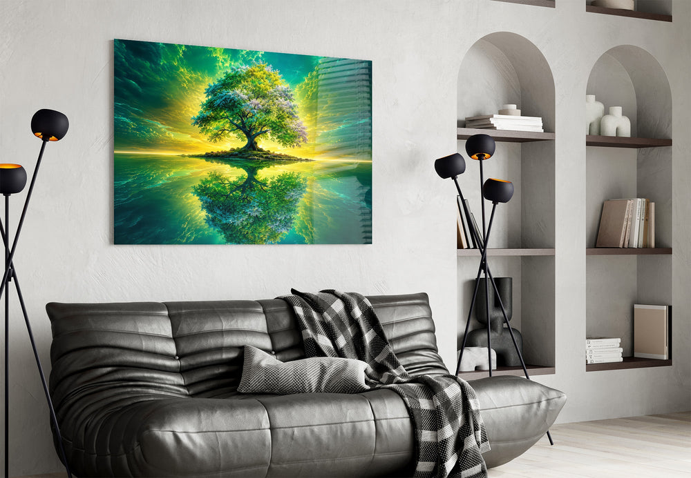 emerald tree of life on a mirror lake glass wall art styled above an armchair in a reading corner