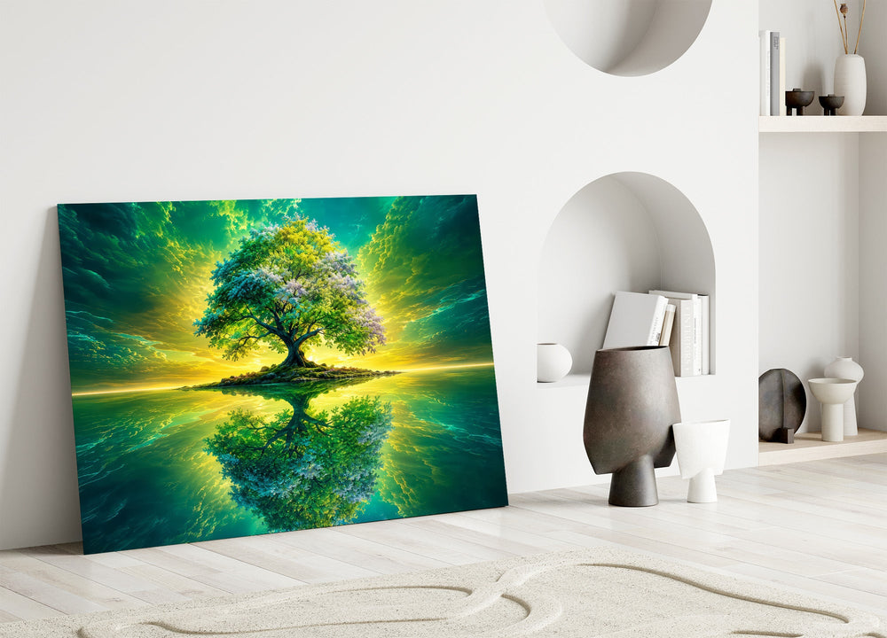 emerald tree of life on a mirror lake panel bringing character to a minimalist living room wall