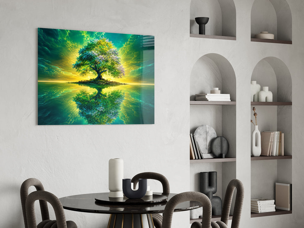 emerald tree of life on a mirror lake glass wall art leaning beside a dark leather sofa