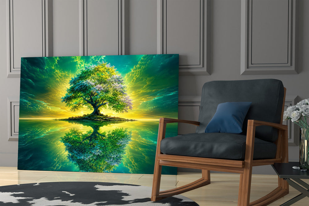 emerald tree of life on a mirror lake panel resting in a shelving niche in a modern interior