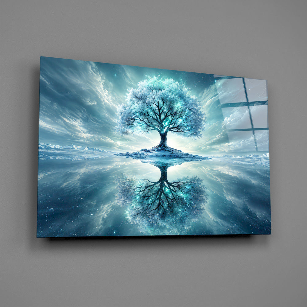 frozen turquoise tree in a winter landscape glass wall art angled to show the polished tempered glass panel