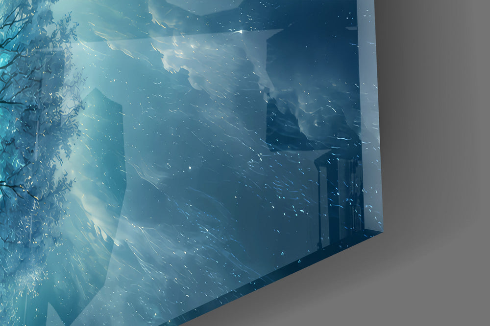 Close-up detail of the frost-white canopy glowing with turquoise light over an icy mirror lake on the glass surface