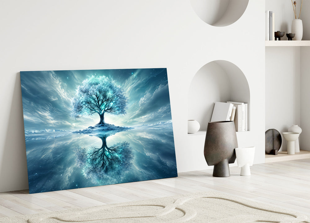 frozen turquoise tree in a winter landscape panel bringing character to a minimalist living room wall