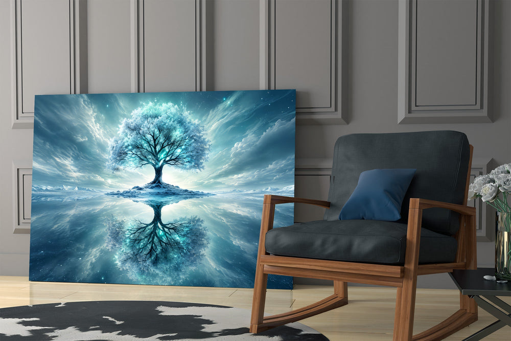 frozen turquoise tree in a winter landscape panel resting in a shelving niche in a modern interior