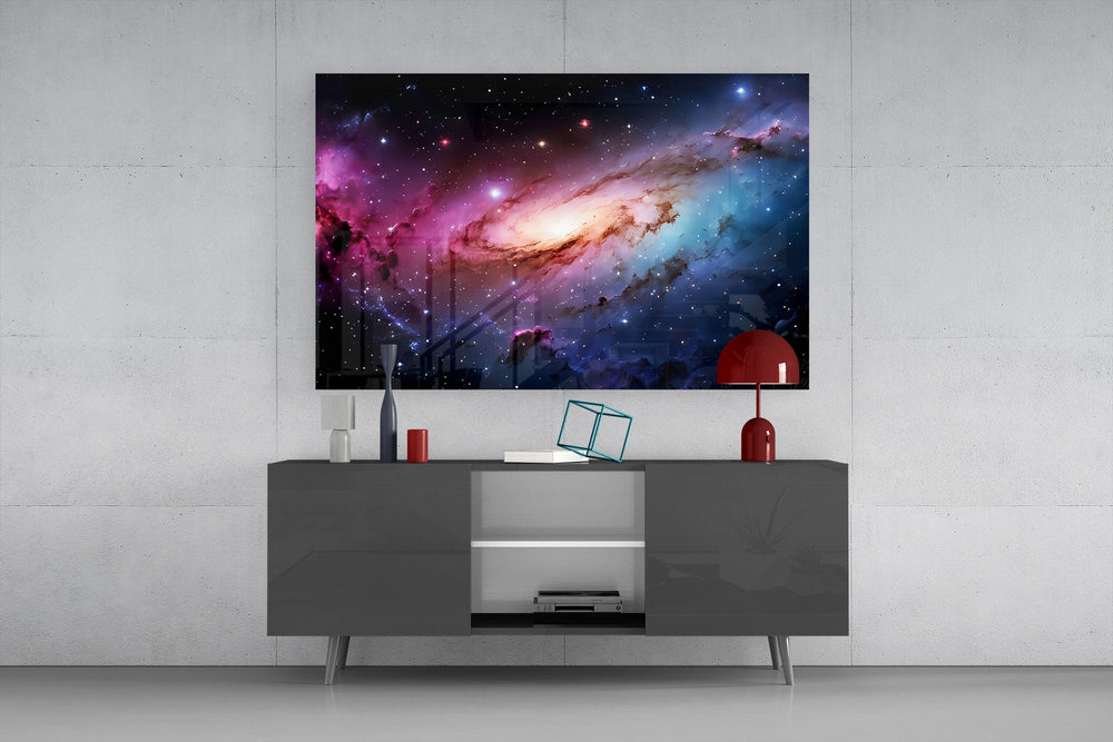 a pink and blue spiral galaxy glass wall art styled in an atmospheric room setting