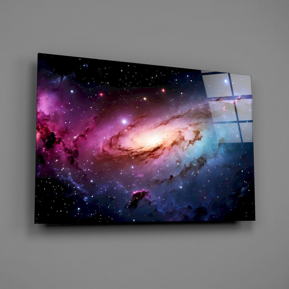 a pink and blue spiral galaxy glass wall art angled to show the polished tempered glass panel