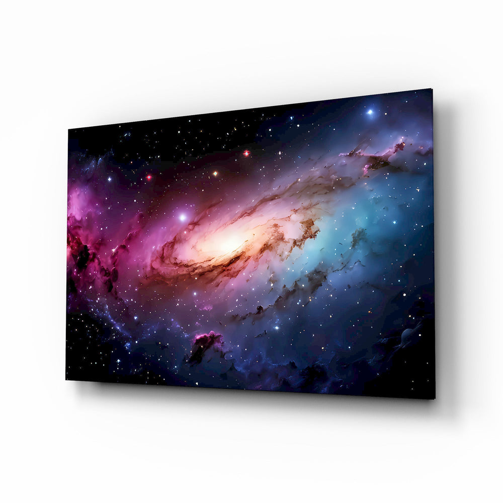 Pink and Blue Spiral Galaxy Nebula Glass Wall Art - Lifestyle preview in a designer interior