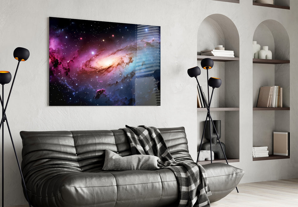 a pink and blue spiral galaxy glass wall art styled above an armchair in a reading corner