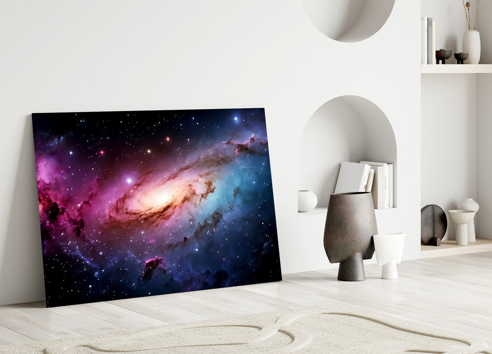 a pink and blue spiral galaxy panel bringing character to a minimalist living room wall