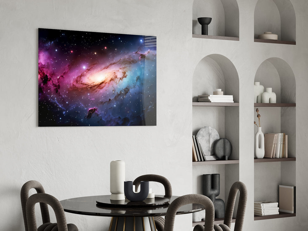 a pink and blue spiral galaxy glass wall art leaning beside a dark leather sofa