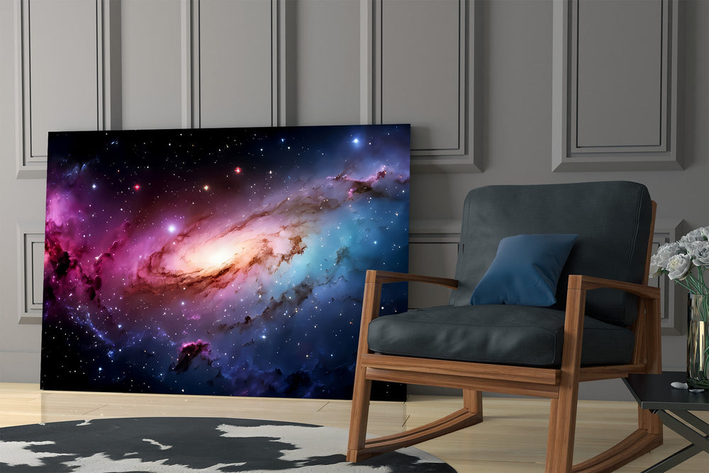 a pink and blue spiral galaxy panel resting in a shelving niche in a modern interior