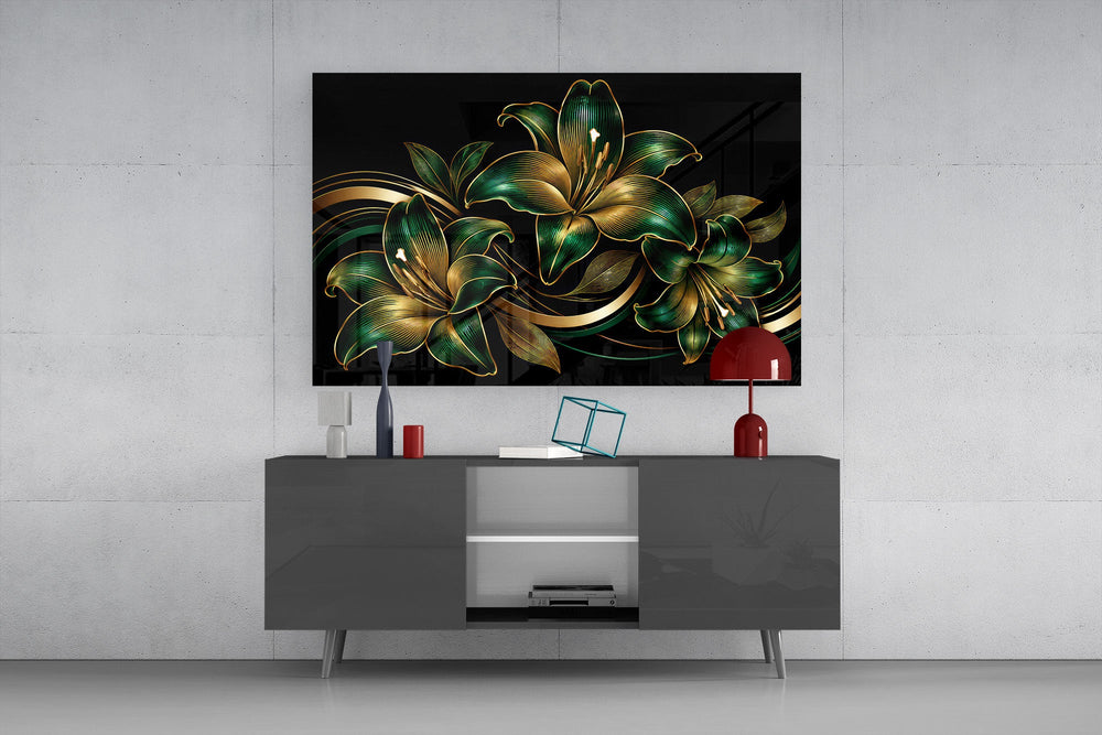 emerald and gold lilies on black glass wall art styled in an atmospheric room setting