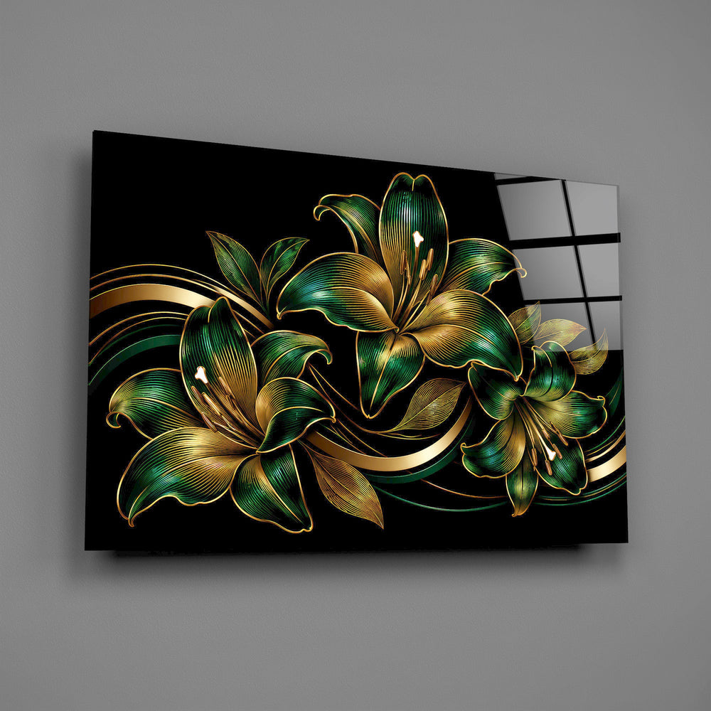 emerald and gold lilies on black glass wall art angled to show the polished tempered glass panel