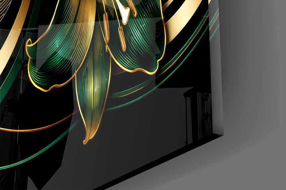 Close-up detail of the gold-outlined green petals against a deep black ground on the glass surface