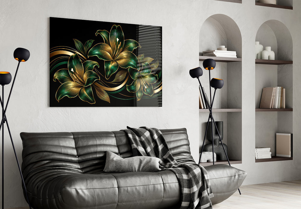 emerald and gold lilies on black glass wall art styled above an armchair in a reading corner