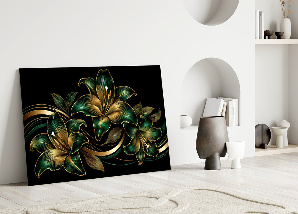 emerald and gold lilies on black panel bringing character to a minimalist living room wall