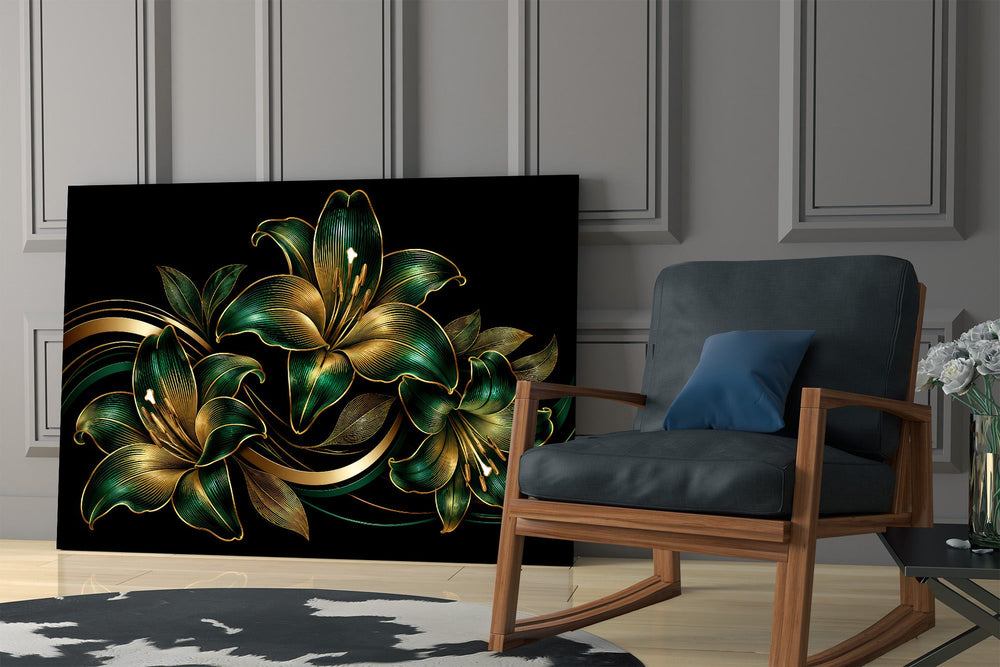 emerald and gold lilies on black panel resting in a shelving niche in a modern interior