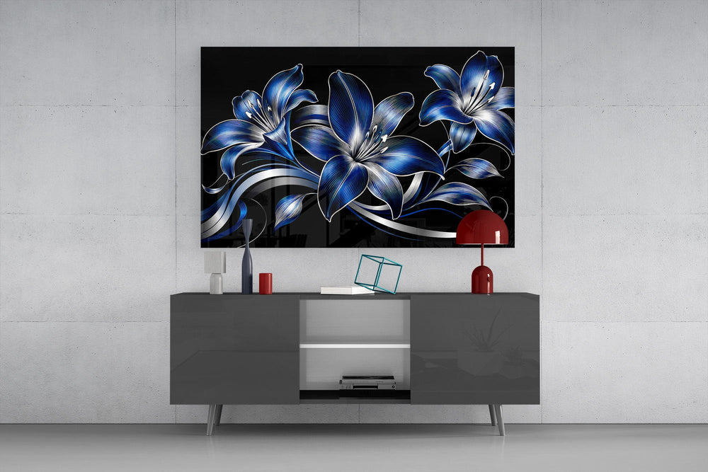 sapphire blue and silver lilies on black glass wall art styled in an atmospheric room setting