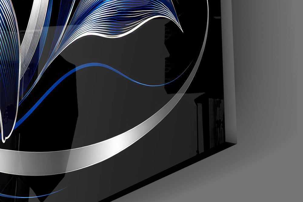 Close-up detail of the silver-outlined blue petals against a deep black ground on the glass surface