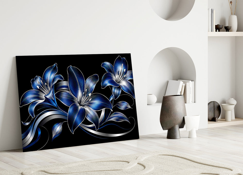 sapphire blue and silver lilies on black panel bringing character to a minimalist living room wall