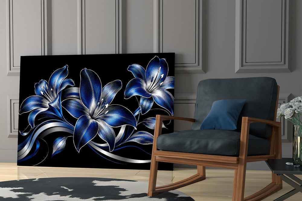 sapphire blue and silver lilies on black panel resting in a shelving niche in a modern interior