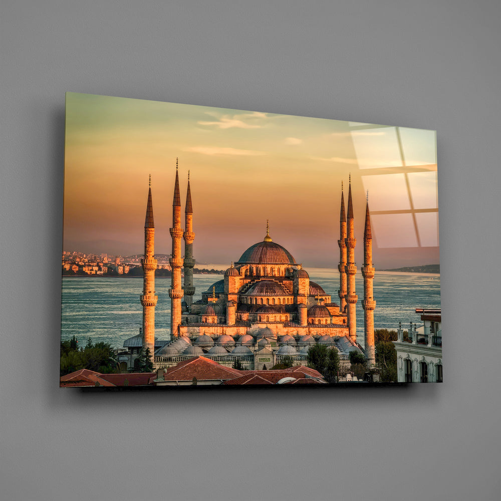 golden sunset six-minaret mosque glass wall art angled to show the polished tempered glass panel