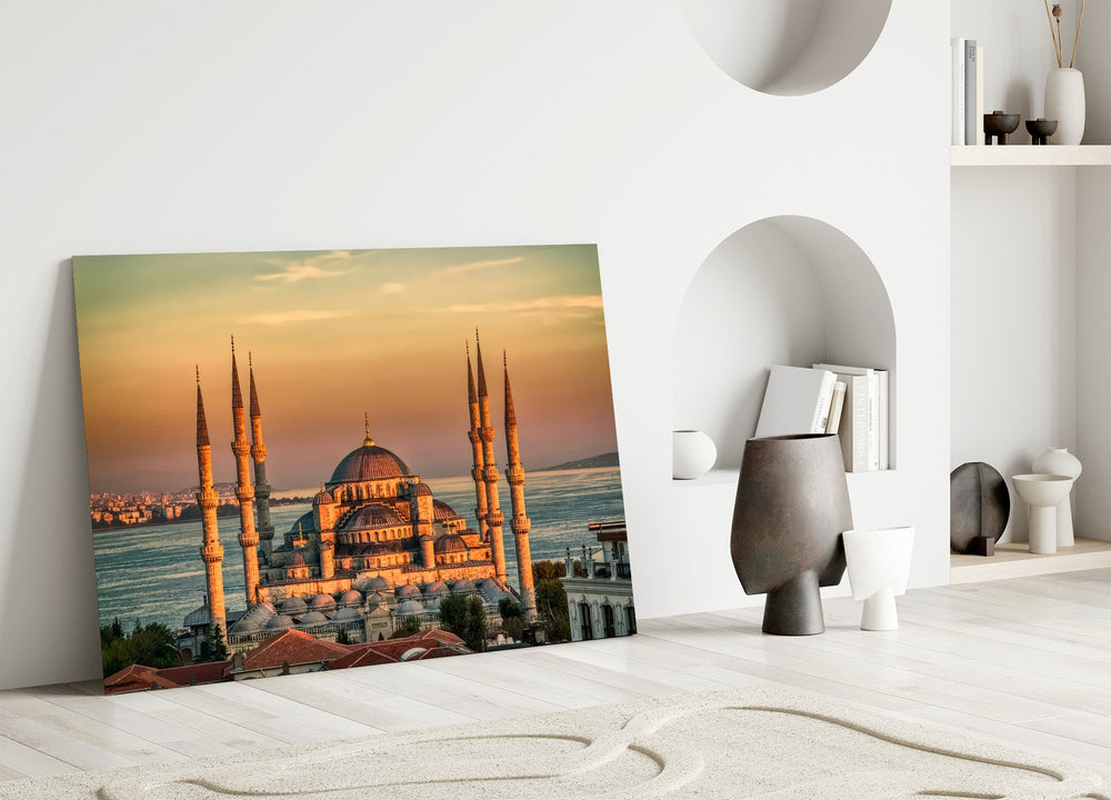golden sunset six-minaret mosque panel bringing character to a minimalist living room wall