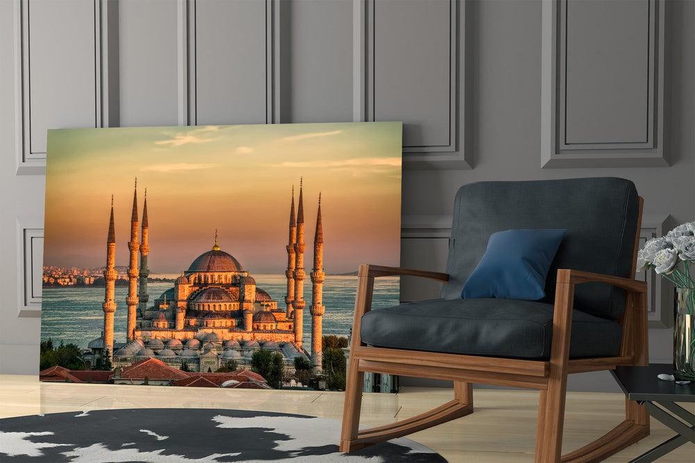 golden sunset six-minaret mosque panel resting in a shelving niche in a modern interior