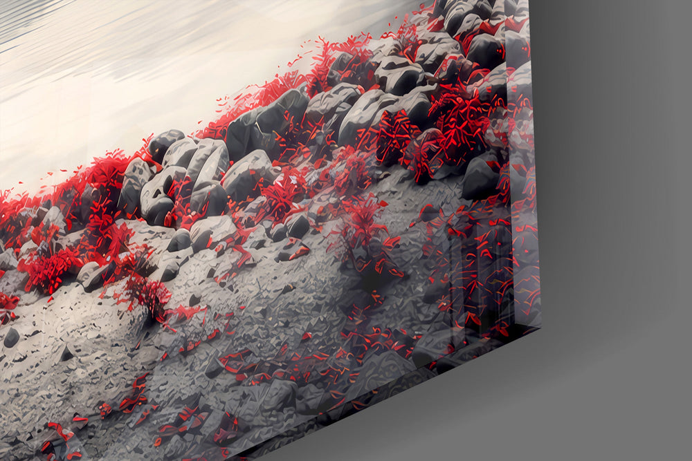 Close-up detail of the crimson maple leaves and still grey lake on the glass wall art